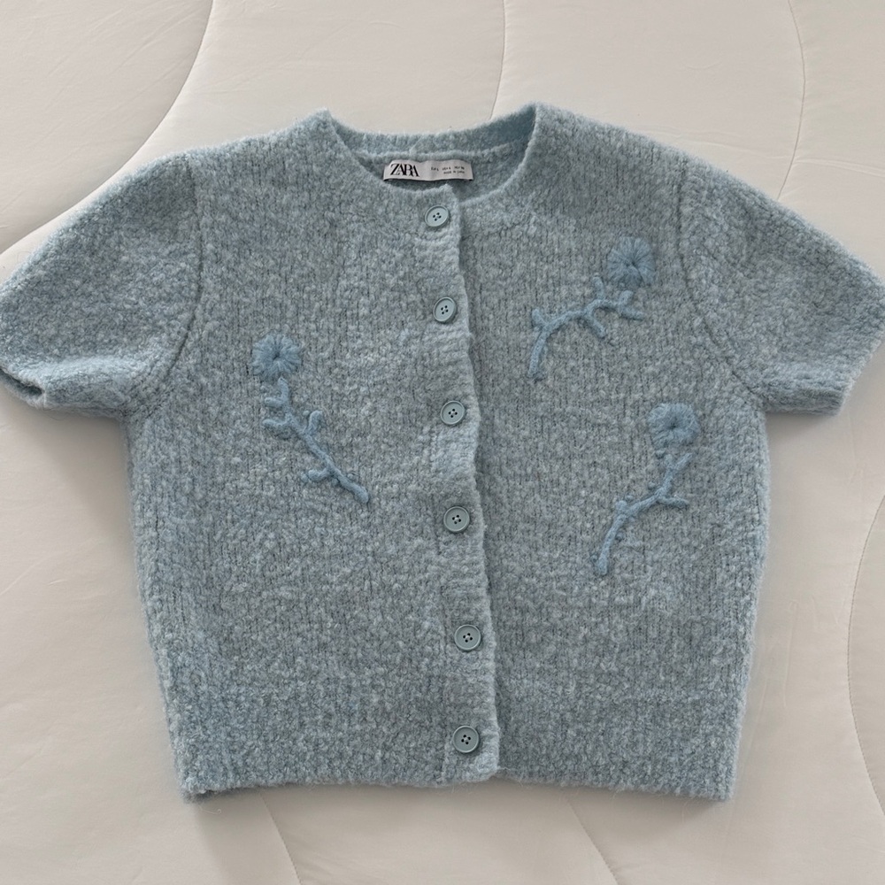 Zara Light Blue Embroidered crop top Cardigan